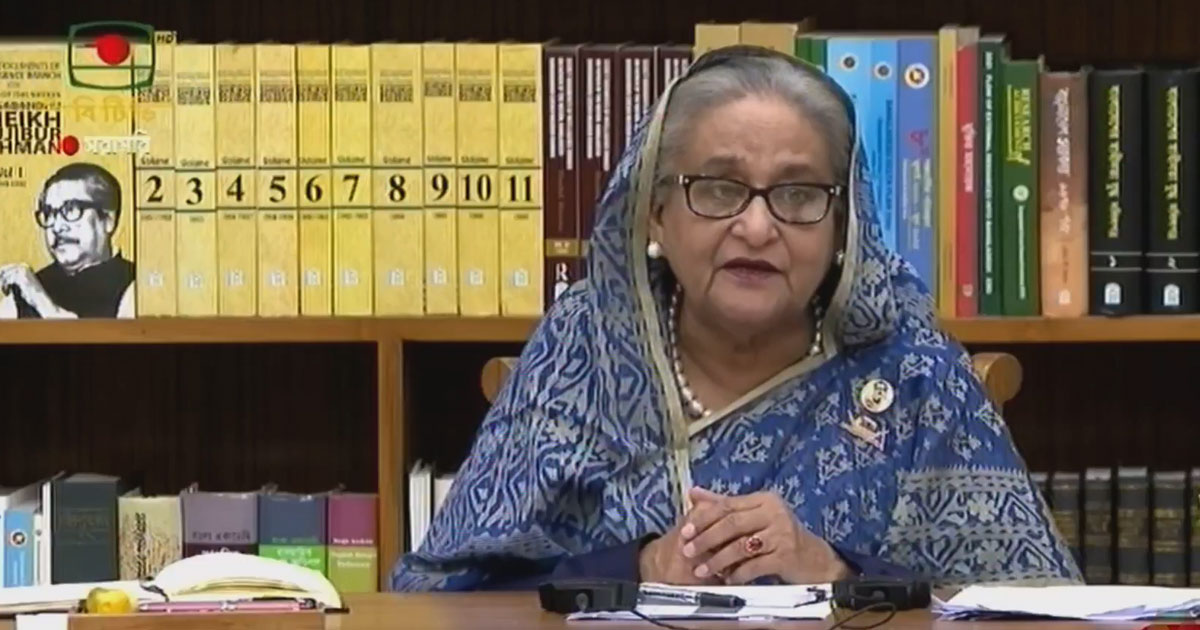 সংবাদ সম্মেলনে বাংলাদেশের প্রধানমন্ত্রী শেখ হাসিনা। ছবি: ভিডিও থেকে নেয়া