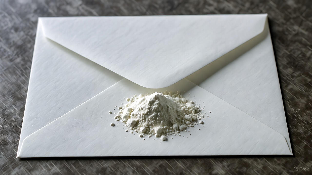 খামের ওপর থাকা হোয়াইট পাউডারের এআই নির্মিত চিত্র। ছবি: গ্রোক