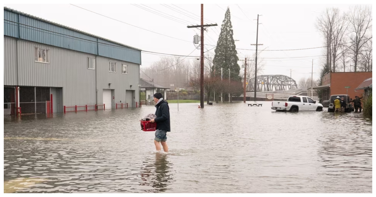 ওয়াশিংটন স্টেইটে বন্যায় নিরাপদ আশ্রয়ের খোঁজে প্রস্থান করছেন এক ব্যক্তি। ছবি: হিন্দুস্থান টাইমস
