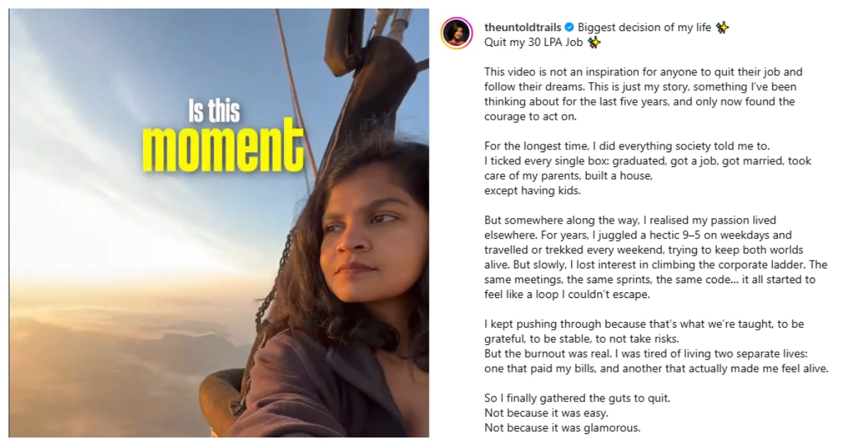 লোভনীয় বেতনের চাকরি আর শৃঙ্খল ছেড়ে কেন বেছে নিলেন এ পথ, এ কথা জানিয়েছেন ইনস্টাগ্রামে একটি ভিডিও পোস্টে। ছবি: ইনস্টাগ্রাম