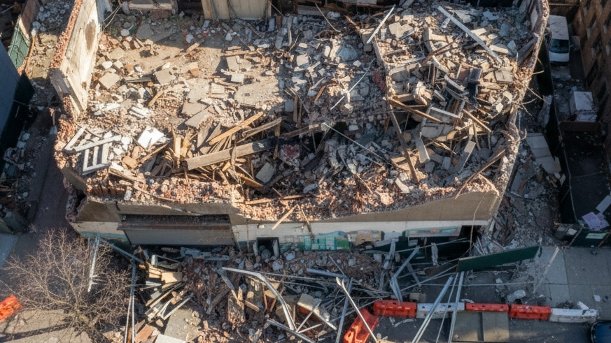 ব্রঙ্কসে ভবনের দেয়াল ধসে পড়েছে রাস্তায়