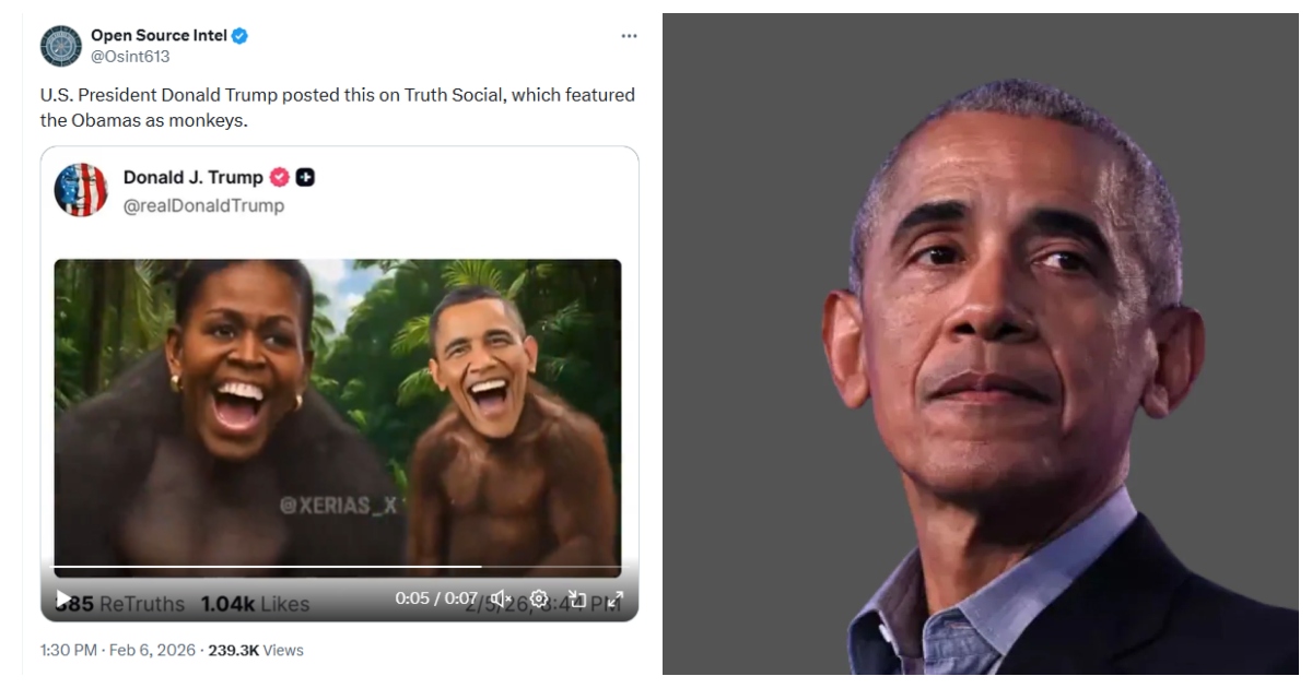 ট্রাম্পের ভিডিওর শেষ অংশে দেখা যায় বানরের পোশাক পরিহিত ওবামা দম্পতি, সঙ্গে বাজছিল ‘দ্য লাইয়ন স্লিপস টুনাইট’ গান। ছবি:  এনডিটিভি