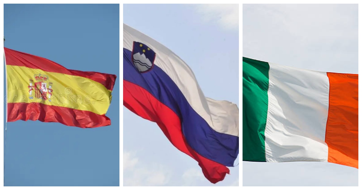 ইউরোপীয় ইউনিয়নের ৩ সদস্য দেশ স্পেন, স্লোভেনিয়া ও আয়ারল্যান্ডের (বাঁ থেকে) জাতীয় পতাকা।